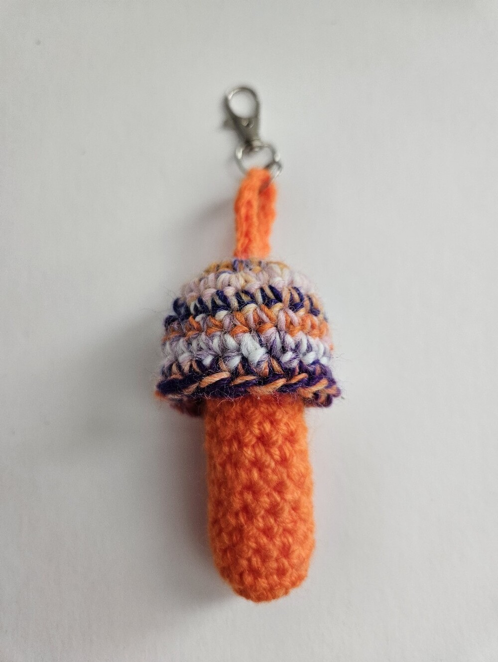 Crochet Mushroom Lip Balm Keychain, Orange & Purple